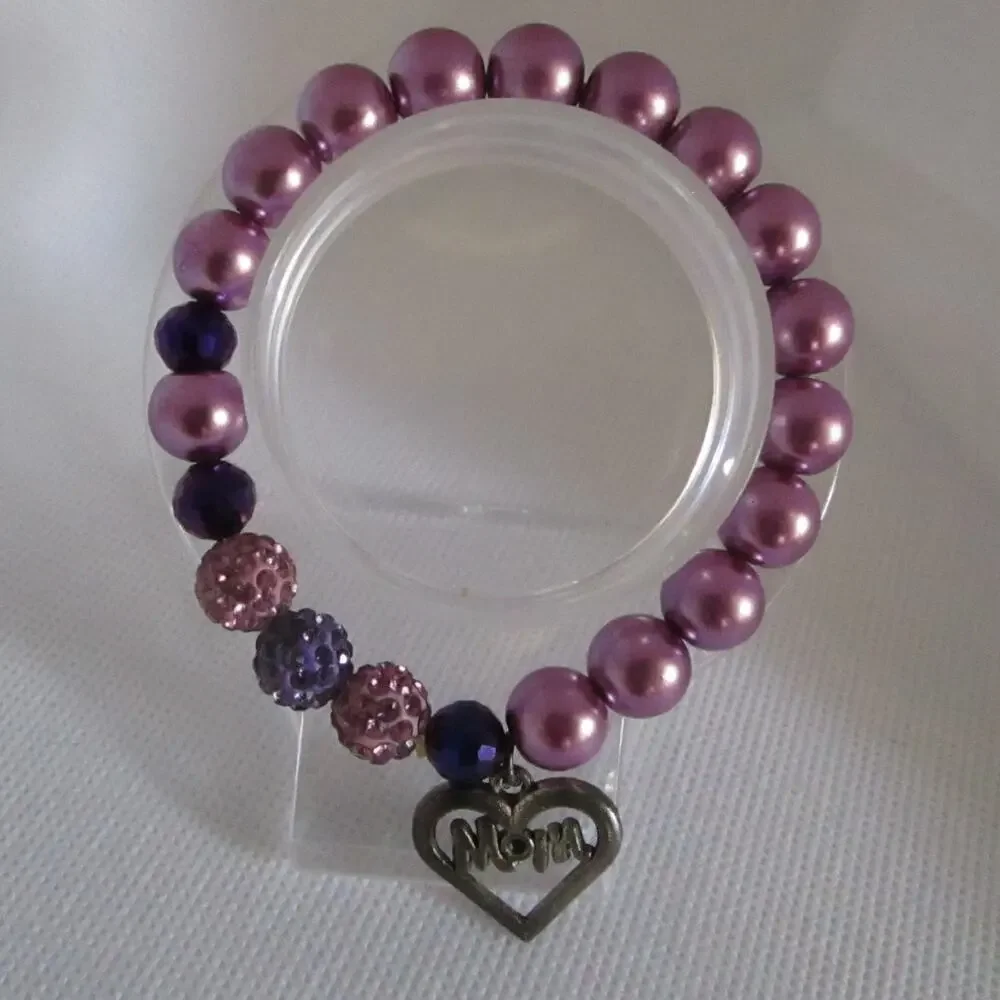 Purple Mom Charm Bracelet Set of 3 Beaded Faux Pearl Crystal Stretch Jewelry